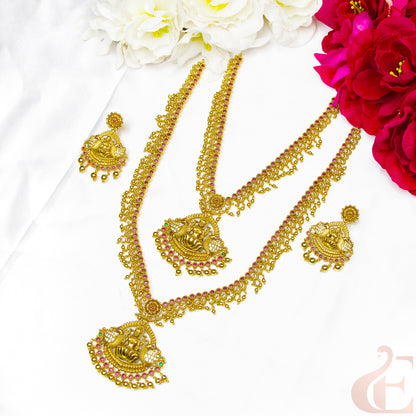 Top view of Antique Premium AD Temple Necklace Ruby Green stones & Earrings 