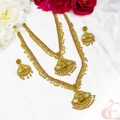 Top view of Antique Premium AD Temple Necklace Ruby Green stones & Earrings 