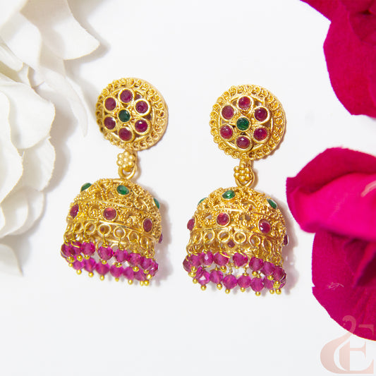 Top view of Antique Premium Jhumka ruby green stones