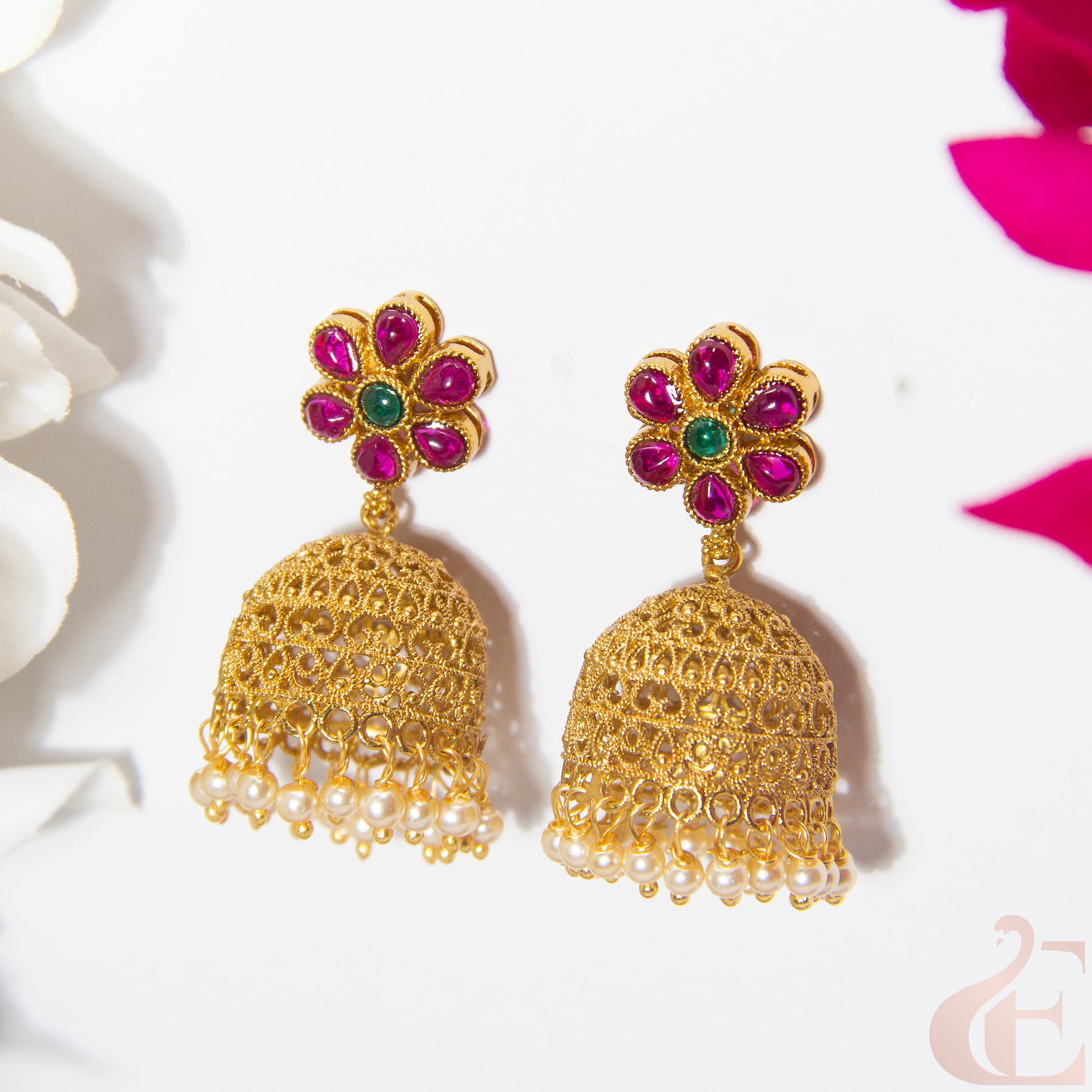 Top view of Antique Premium Jhumka ruby green stones