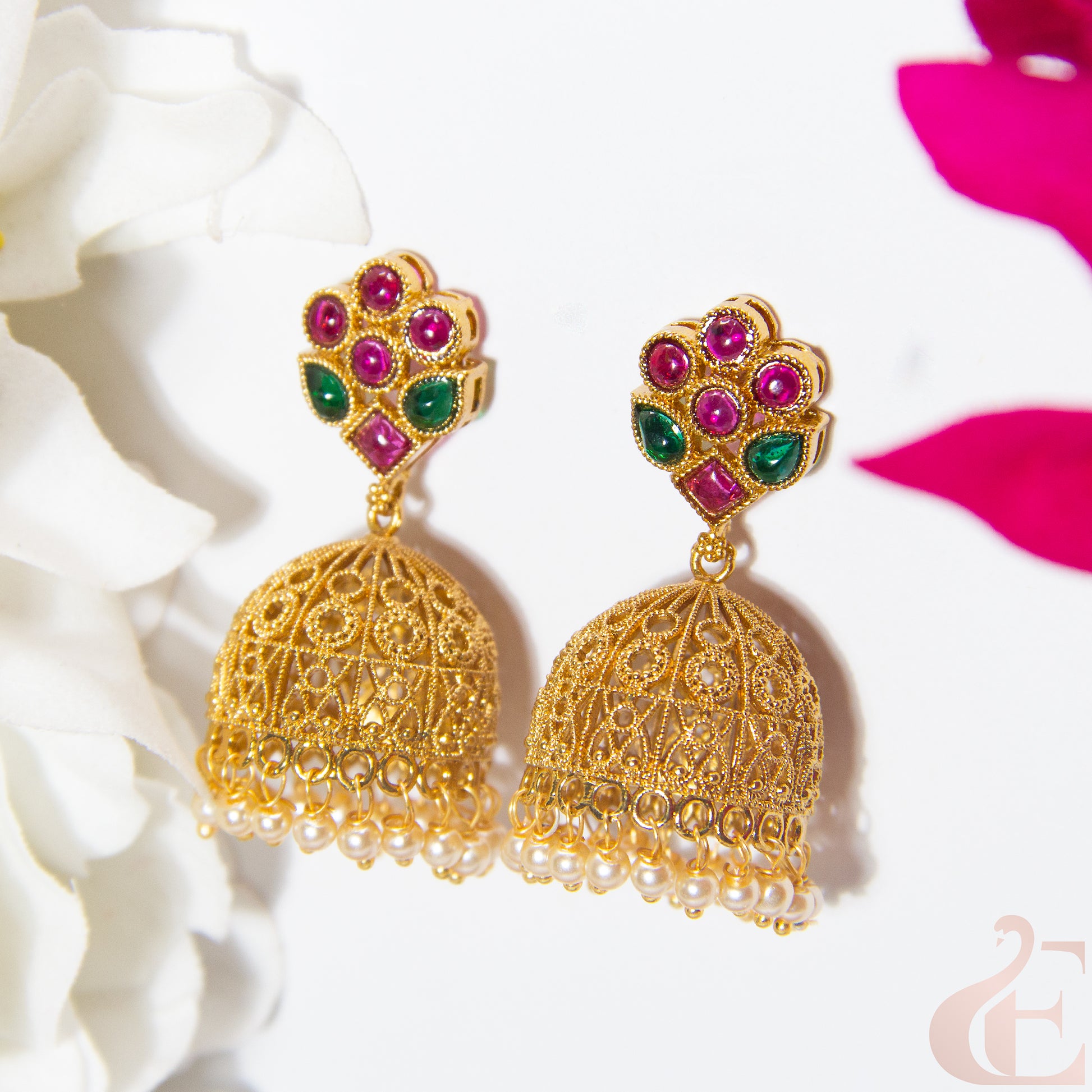 Top view of Antique Premium Jhumka Ruby Green Stones 