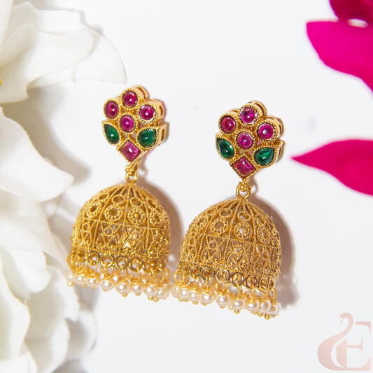 Top view of Antique Premium Jhumka Ruby Green Stones 