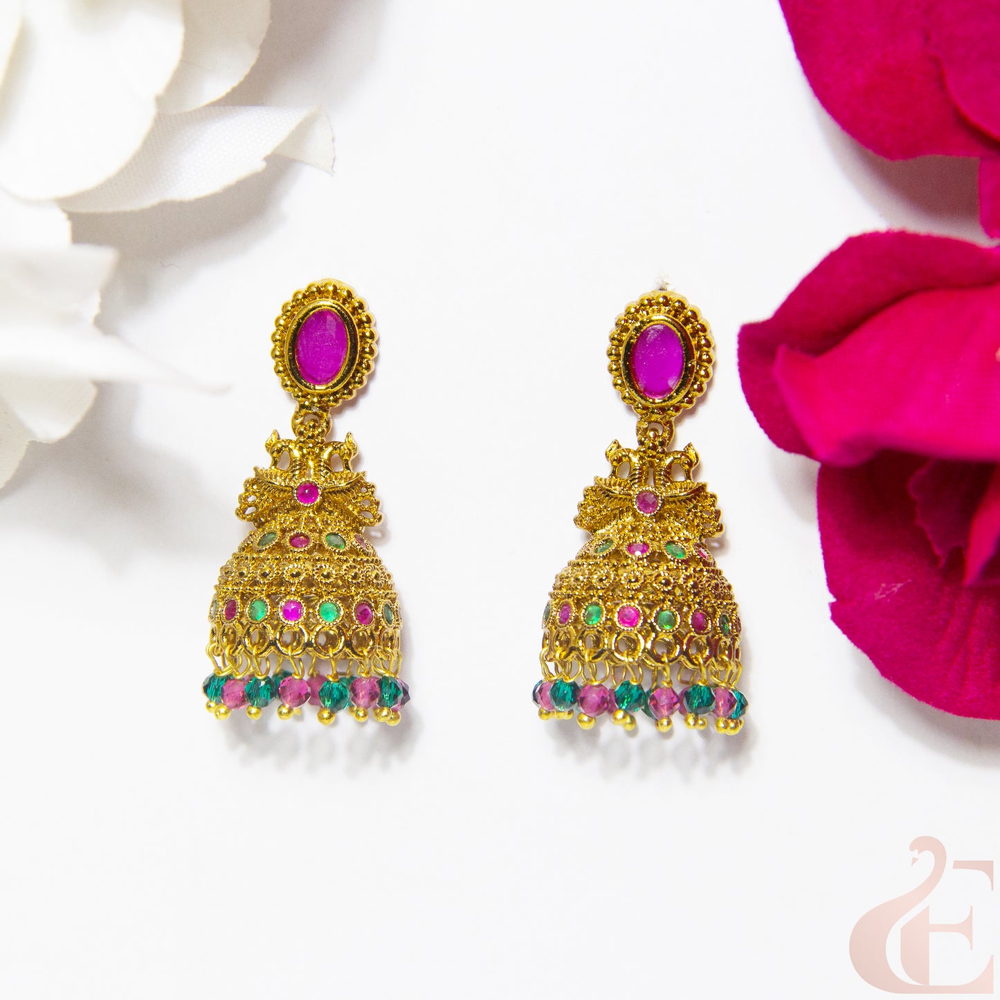 Top view of Antique Premium Jhumka Ruby Green stones  