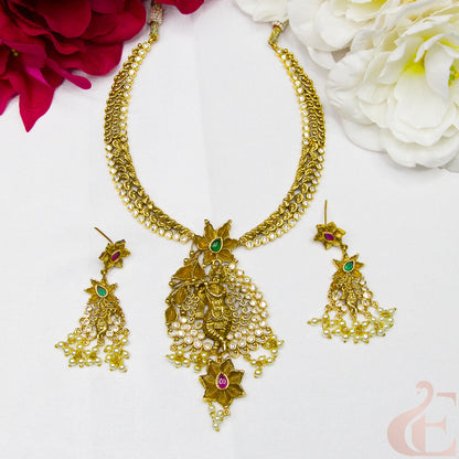 Top view of Antique Temple AD Necklace & Earrings Ruby Green stones 70