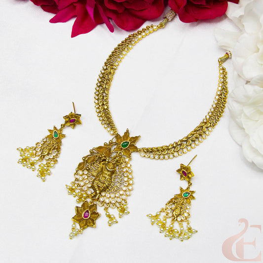 Top view of Antique Temple AD Necklace & Earrings Ruby Green stones 70