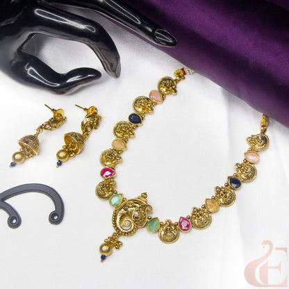 Antique Temple Design Necklace Earrings , multi color stones 