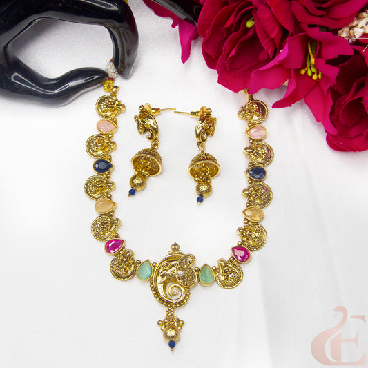 Top view of Antique Temple Design Necklace & Earrings , multi color stones 