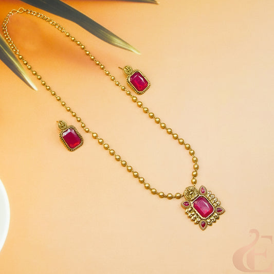 Side angle Top view of Antique Temple Long  Necklace & Earrings Ruby stones 