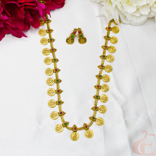 Antique Temple Long Necklace & Earrings Ruby Green stones