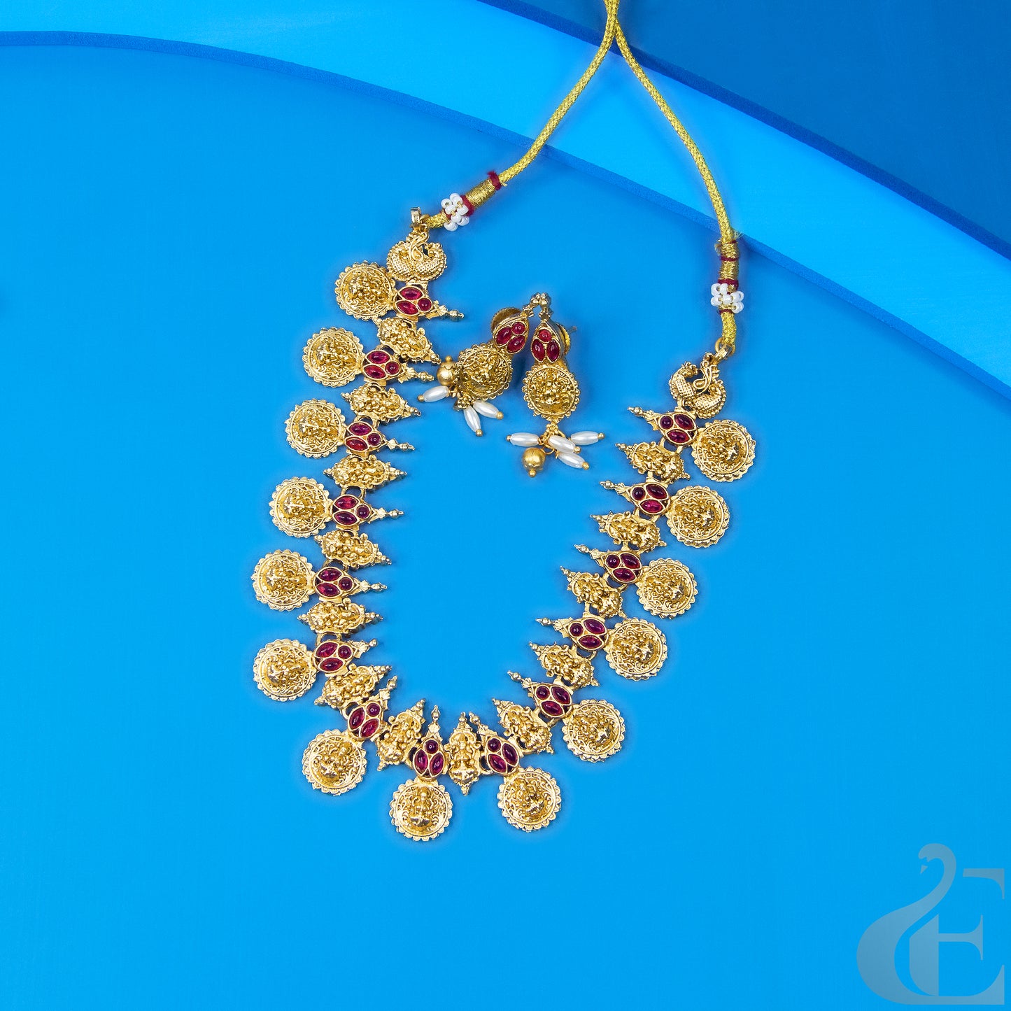 Antique Temple Necklace & Earrings Ruby stones 