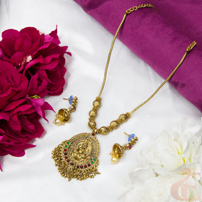 Top view of ruby green Antique Temple Necklace & Earrings 04