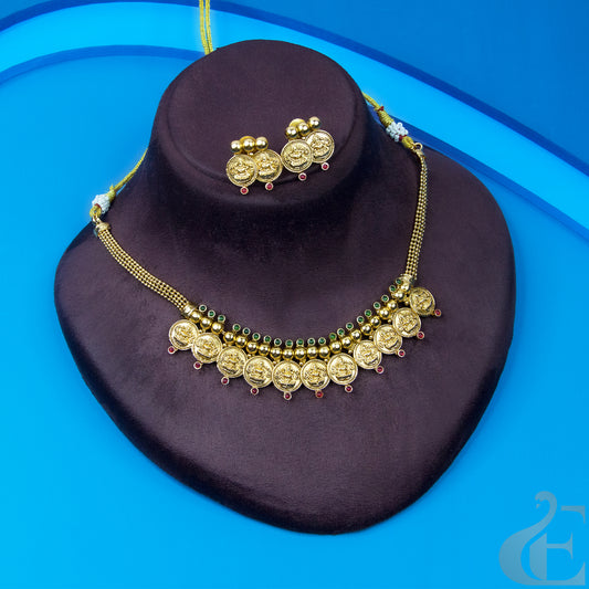 Top view of Antique Temple Necklace & Earrings Ruby green stones