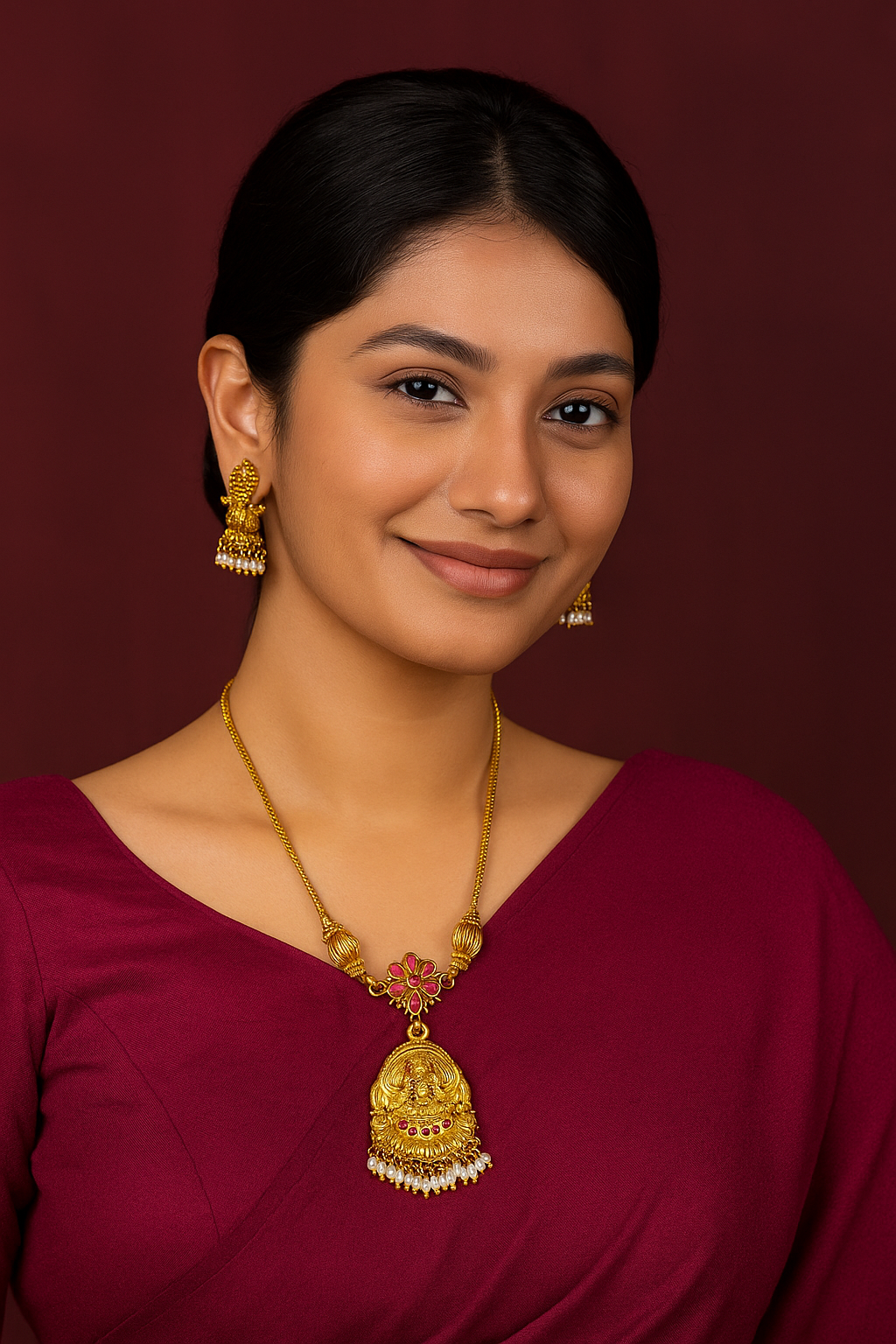 Woman wearing gold jewelry against a red background