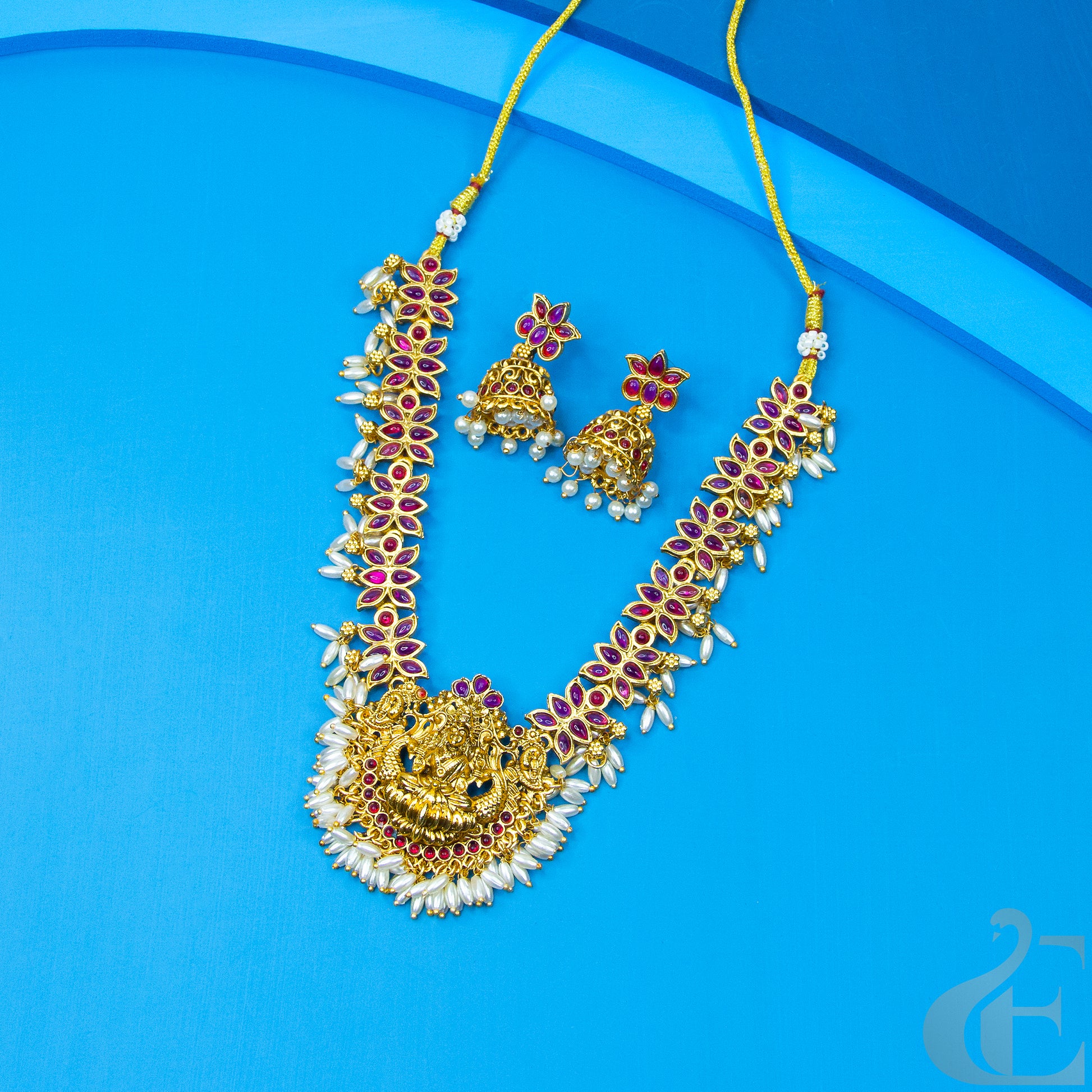 Top view of Antique Temple Necklace & Jhumka Ruby stones 