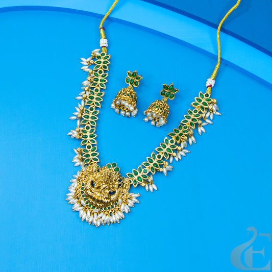Top view of Antique Temple Necklace & Jhumka Green stones