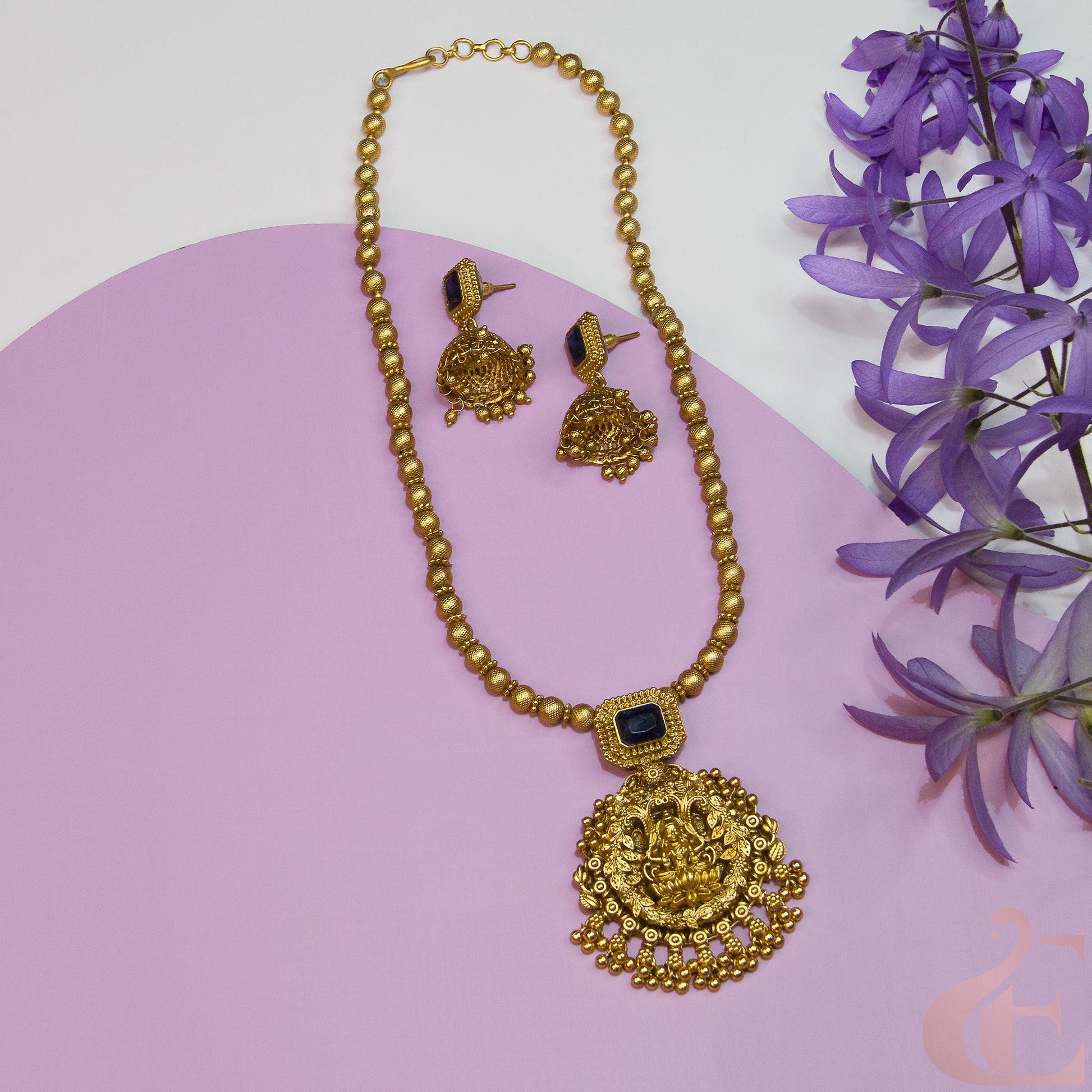 Top view of Antique Temple Necklace & Jhumka Blue Stones