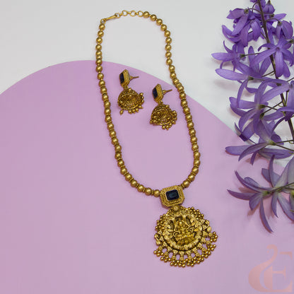 Top view of Antique Temple Necklace & Jhumka Blue Stones