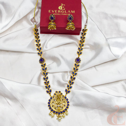Top view of Antique Temple Necklace & Jhumka Blue stones 14
