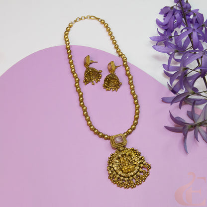 Top view of Antique Temple Necklace & Jhumka Pink 