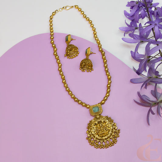 Top  view of Antique Temple Necklace & Jhumka Pista Green 