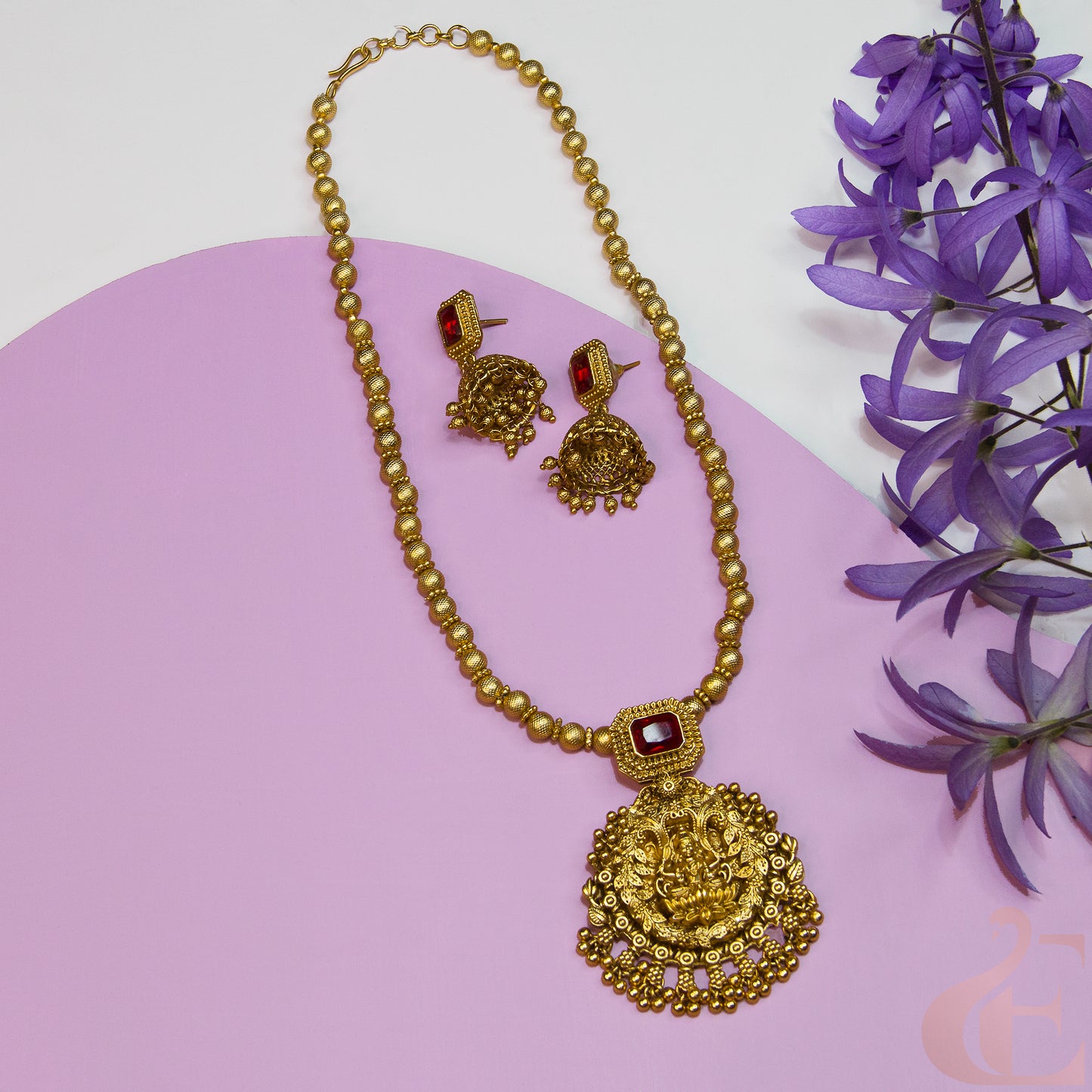 Top view Antique Temple Necklace & Jhumka Red Stone
