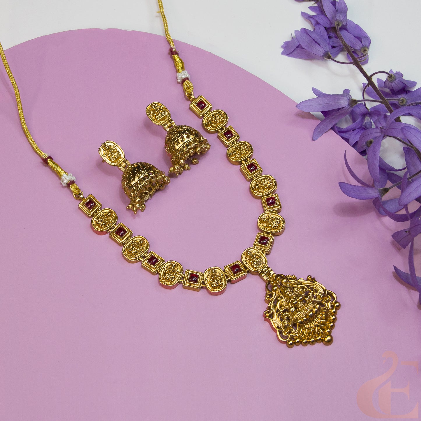 Top view of Antique Temple Necklace & Jhumka Ruby stones 