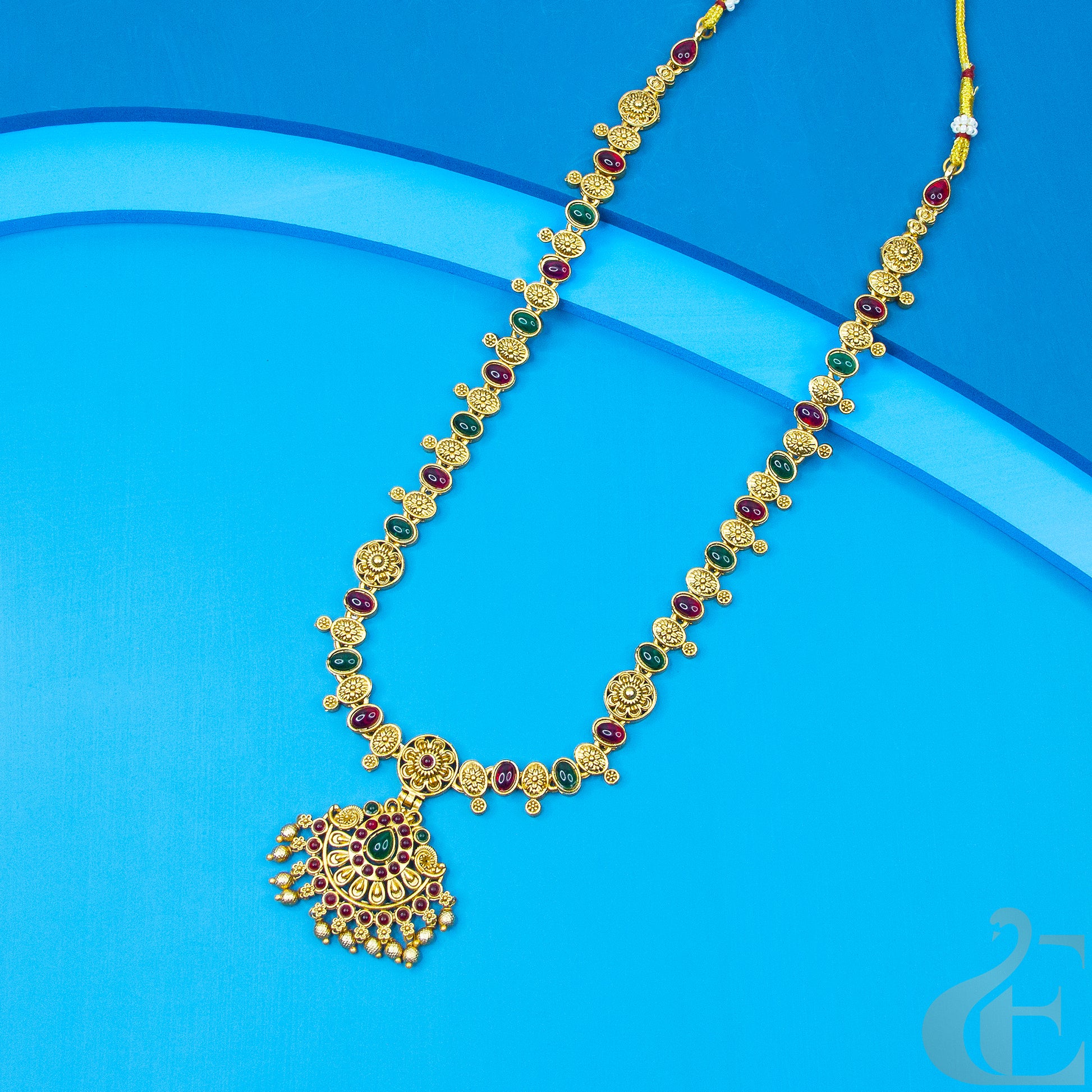 Top view of Antique long Necklace  Ruby Green stones 
