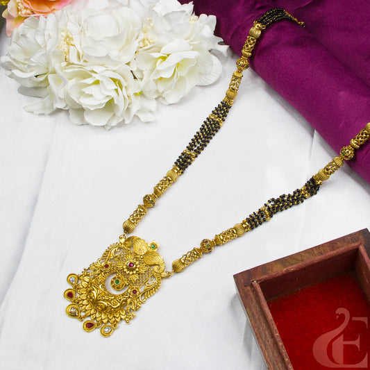 Top view of Antique long Necklace Karimani mala ruby green white stones