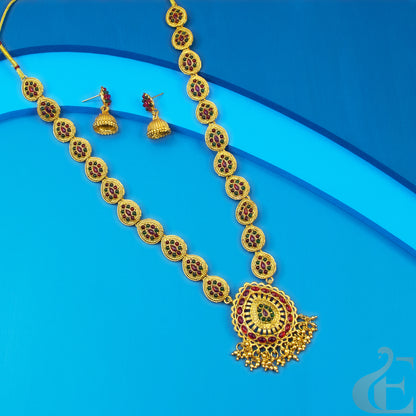 Top view of Antique long Necklace & Earrings Ruby Green Stone 