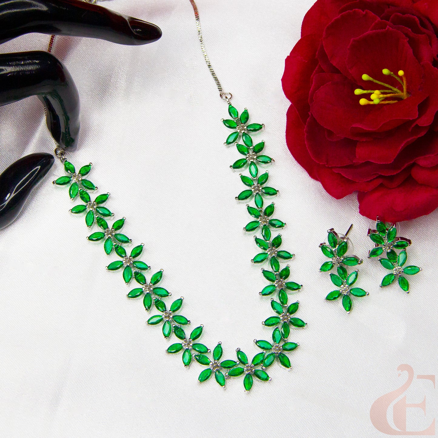 Top view of Beautiful AD Necklace with Earrings , Green Stones 