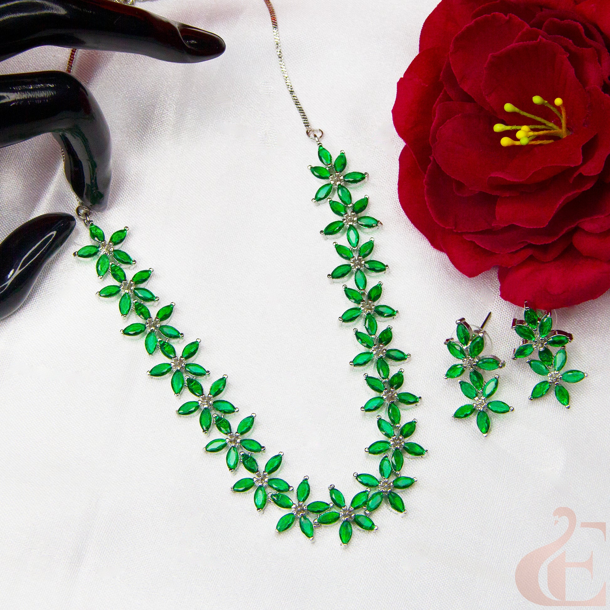 Top view of Beautiful AD Necklace with Earrings , Green Stones 