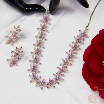 Top view of Beautiful AD Necklace with Earrings , Pink Stones 