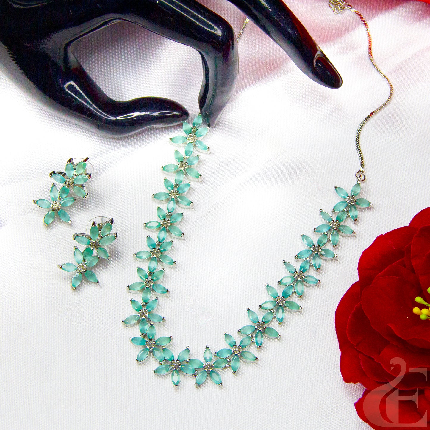 Top view of Beautiful AD Necklace with Earrings , Pista Green Stones 