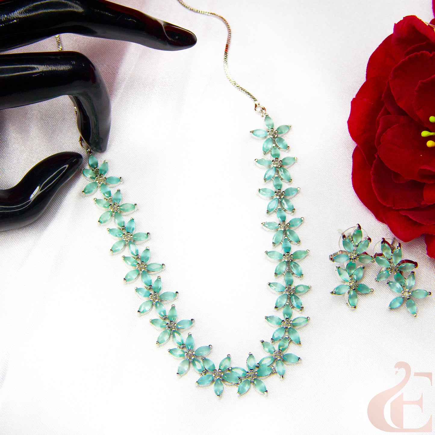 Top view of Beautiful AD Necklace with Earrings , PistaGreen Stones 