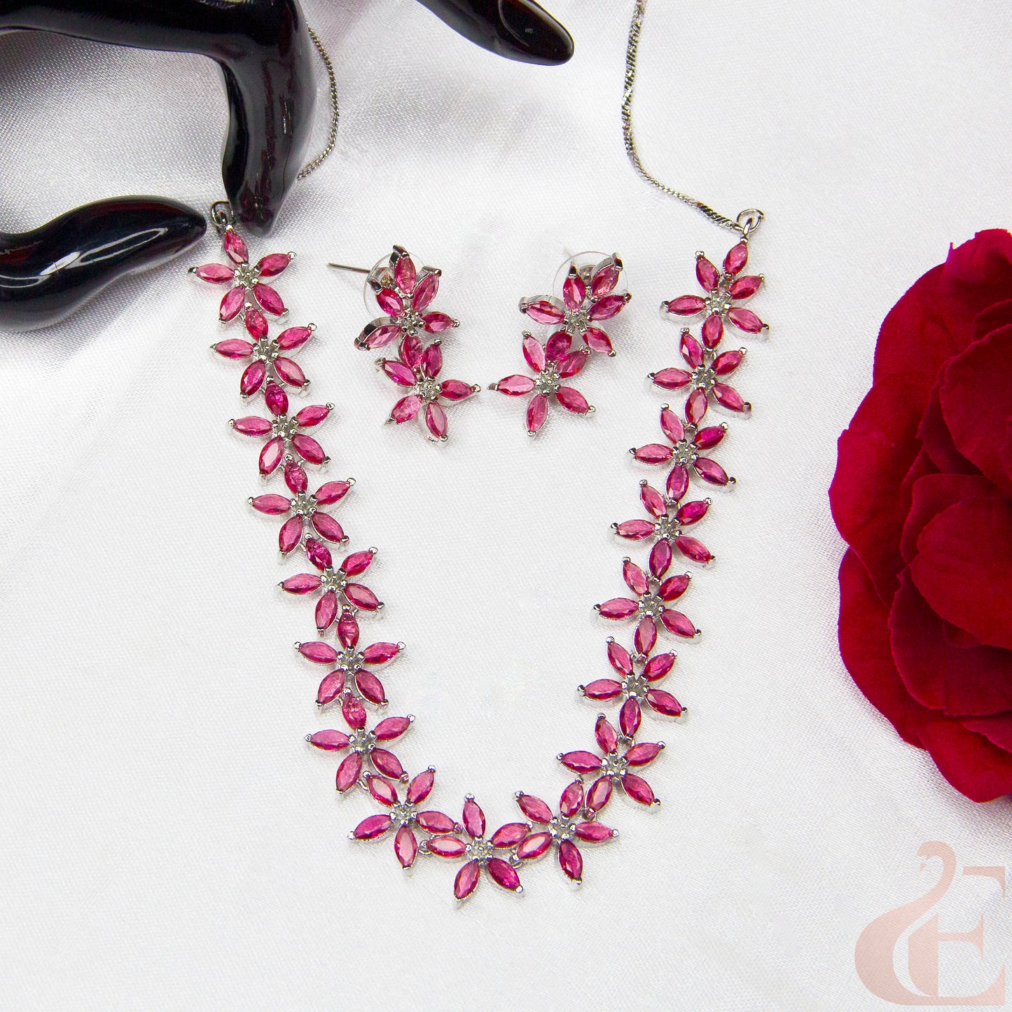 Top view of Beautiful AD Necklace with Earrings , Ruby Stones 