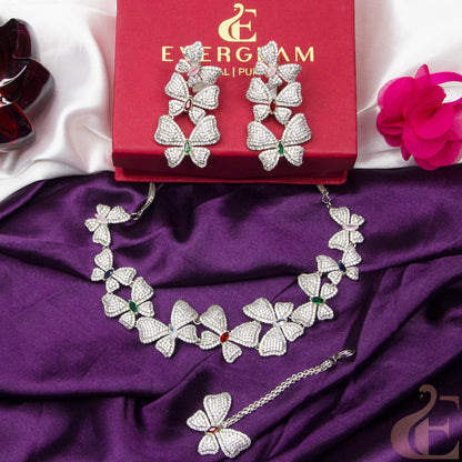 Top View Of Butterfly Design AD Necklace with Green and Ruby Stones