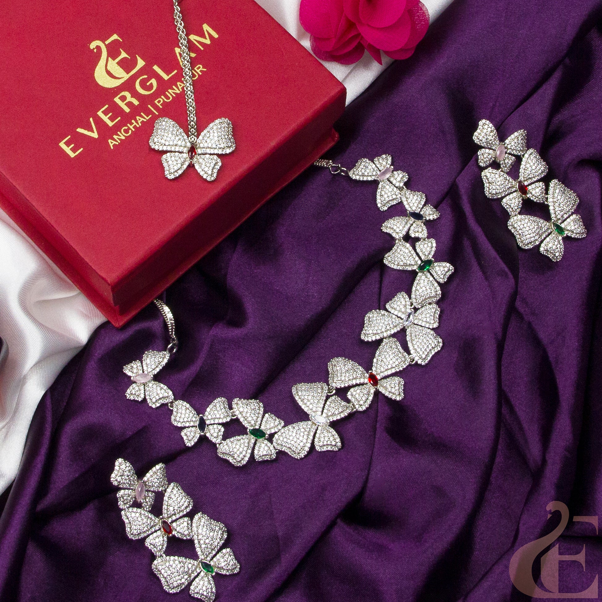 Left side top view of Butterfly_Design_AD_Necklace with earring and netti chutty