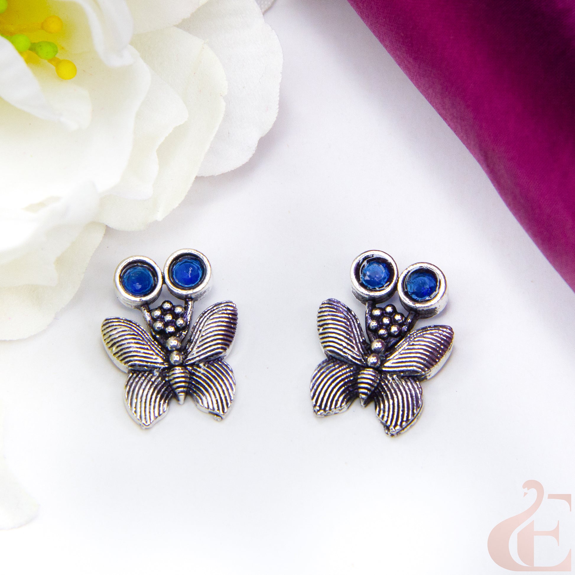 Top view of Butterfly Oxidised Stud Earrings Blue stone 06