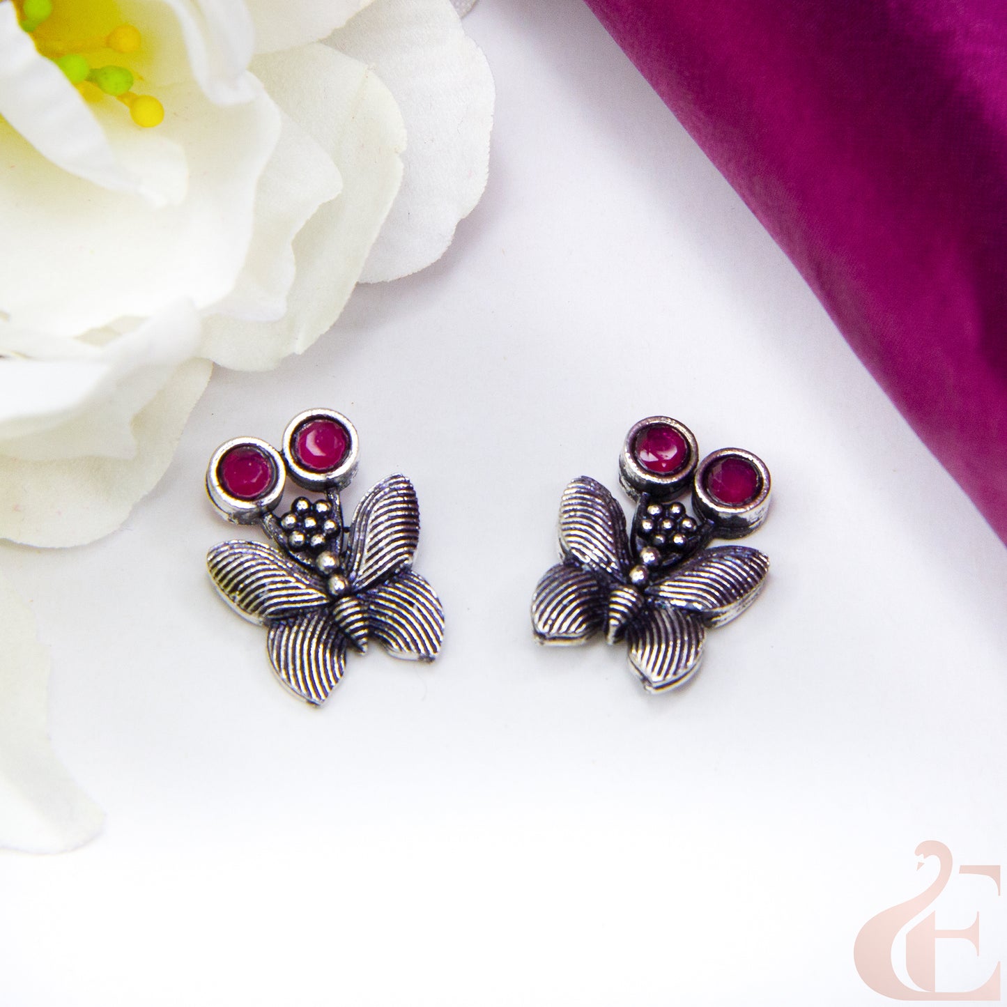 Top view of Butterfly Oxidised Stud Earrings Ruby stone 