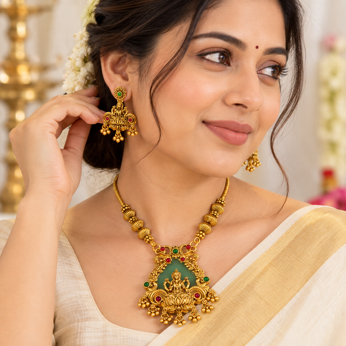 Traditional Lakshmi Pendant Necklace Set With Matching Earrings375