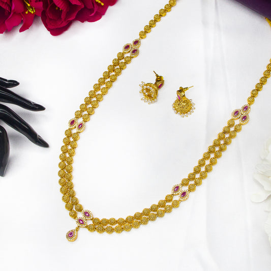 Top view of Double Layer Antique Long Necklace & Eaarings , Ruby & White AD Stones 