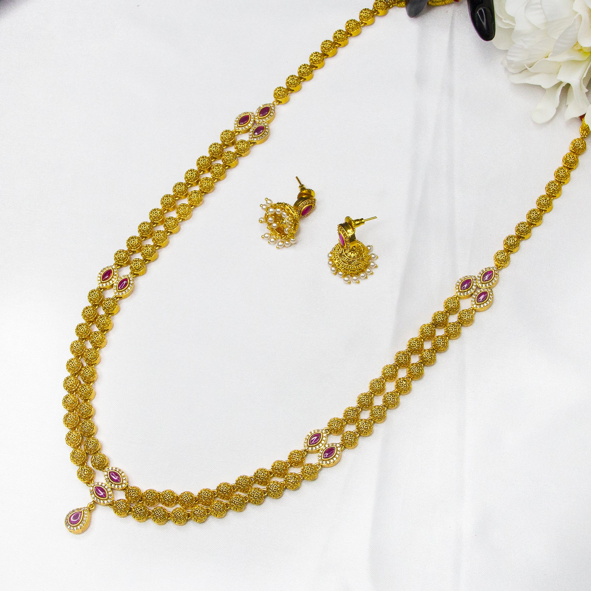 Top view of Double Layer Antique Long Necklace & Eaarings , Ruby & White AD Stones 