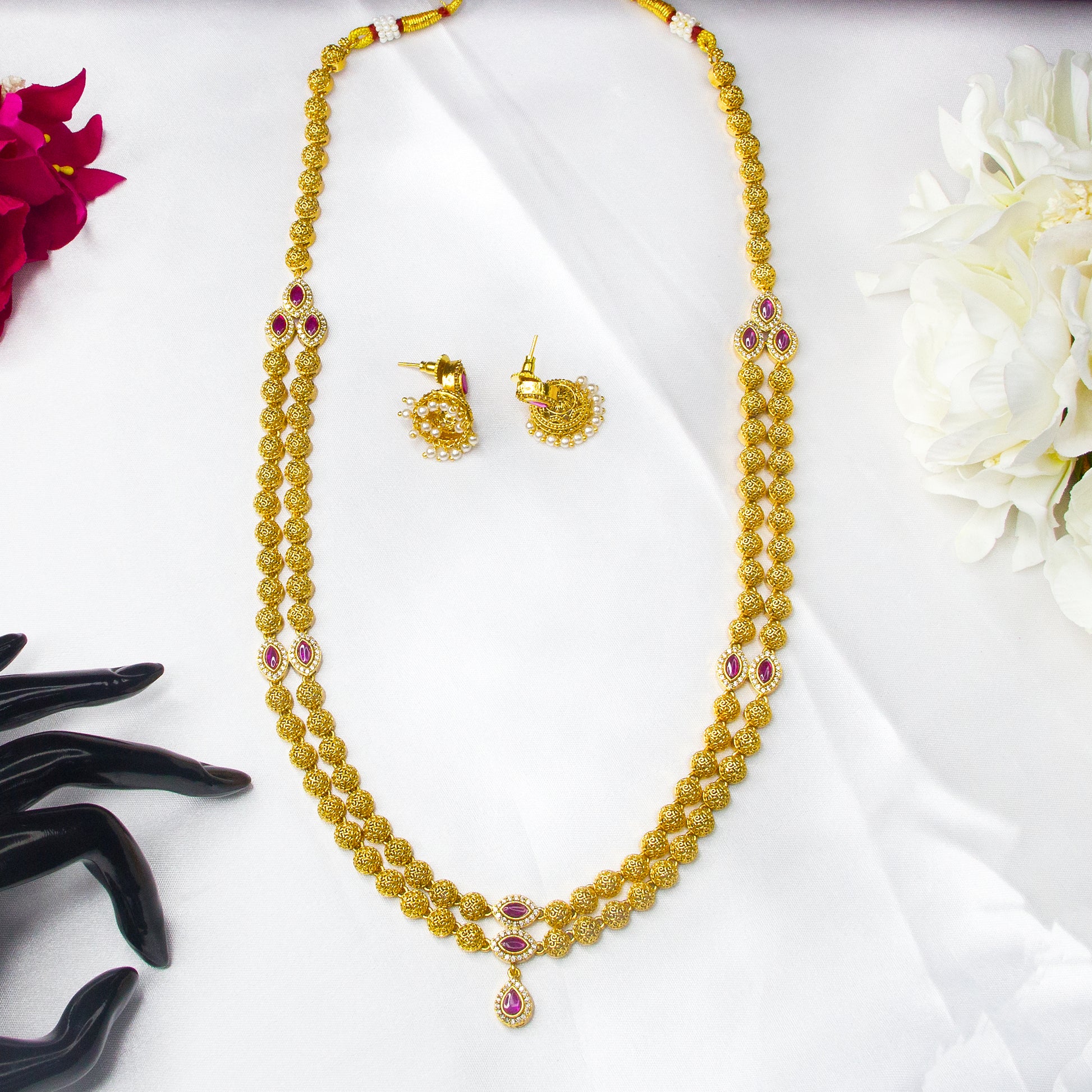 Top view of Double Layer Antique Long Necklace & Eaarings , Ruby & White AD Stones 