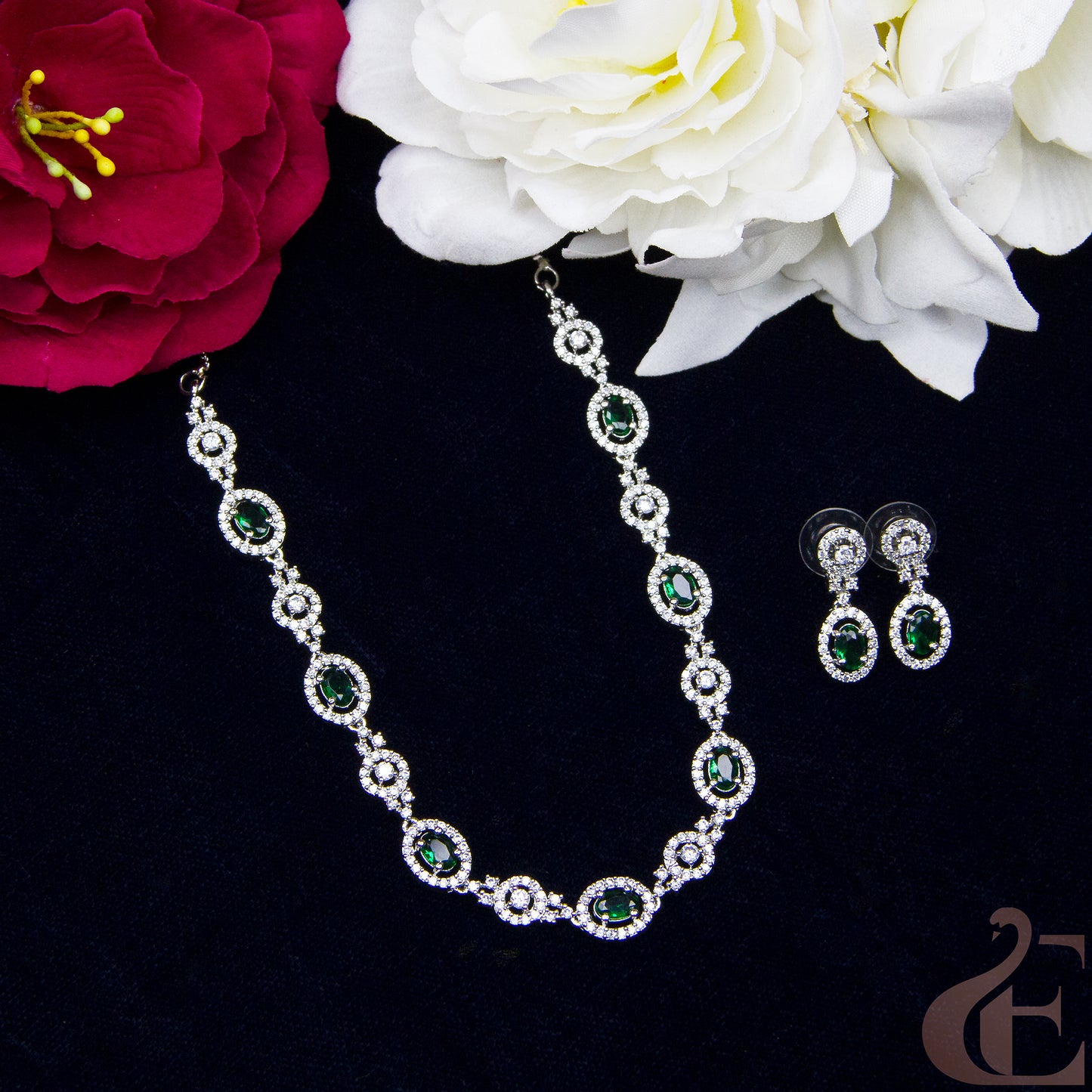 Top view of Elegant AD Necklace with  Earrings , Green stones 