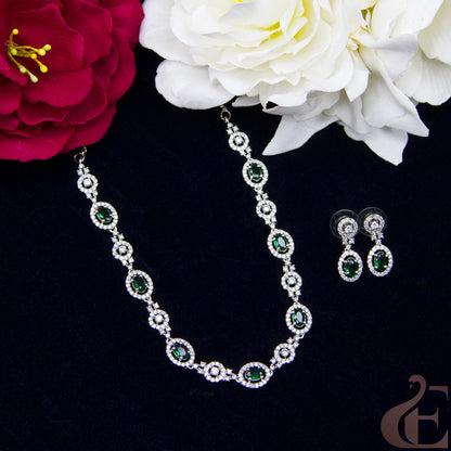 Top view of Elegant AD Necklace with  Earrings , Green stones 