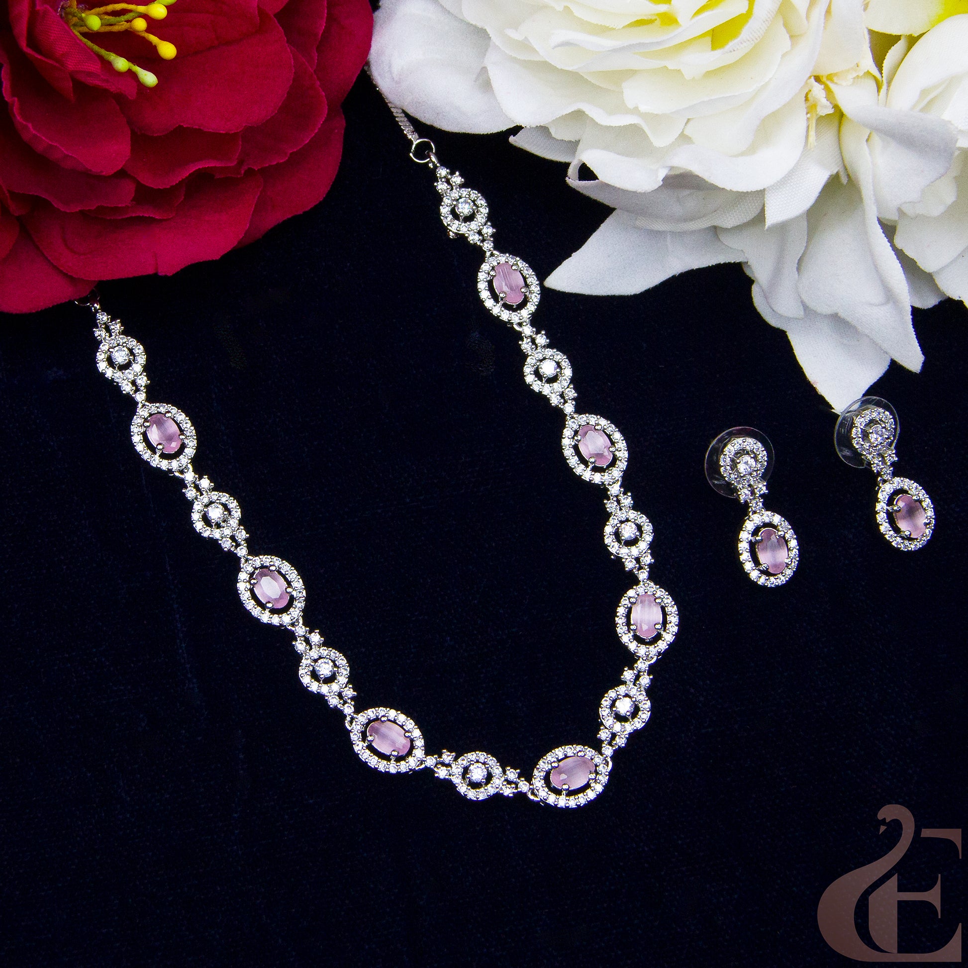 Top view of Elegant AD Necklace with  Earrings , Pink stones 