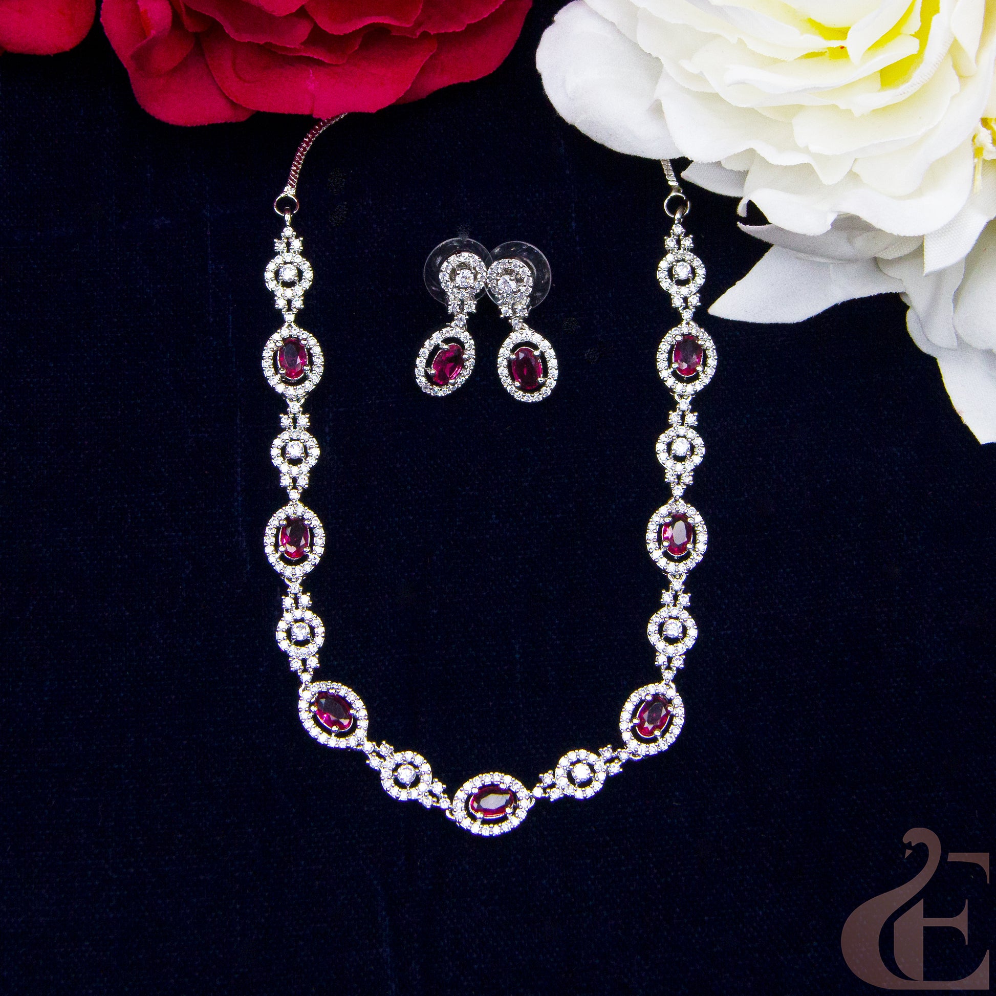 Top view of Elegant AD Necklace with  Earrings , Ruby stones 