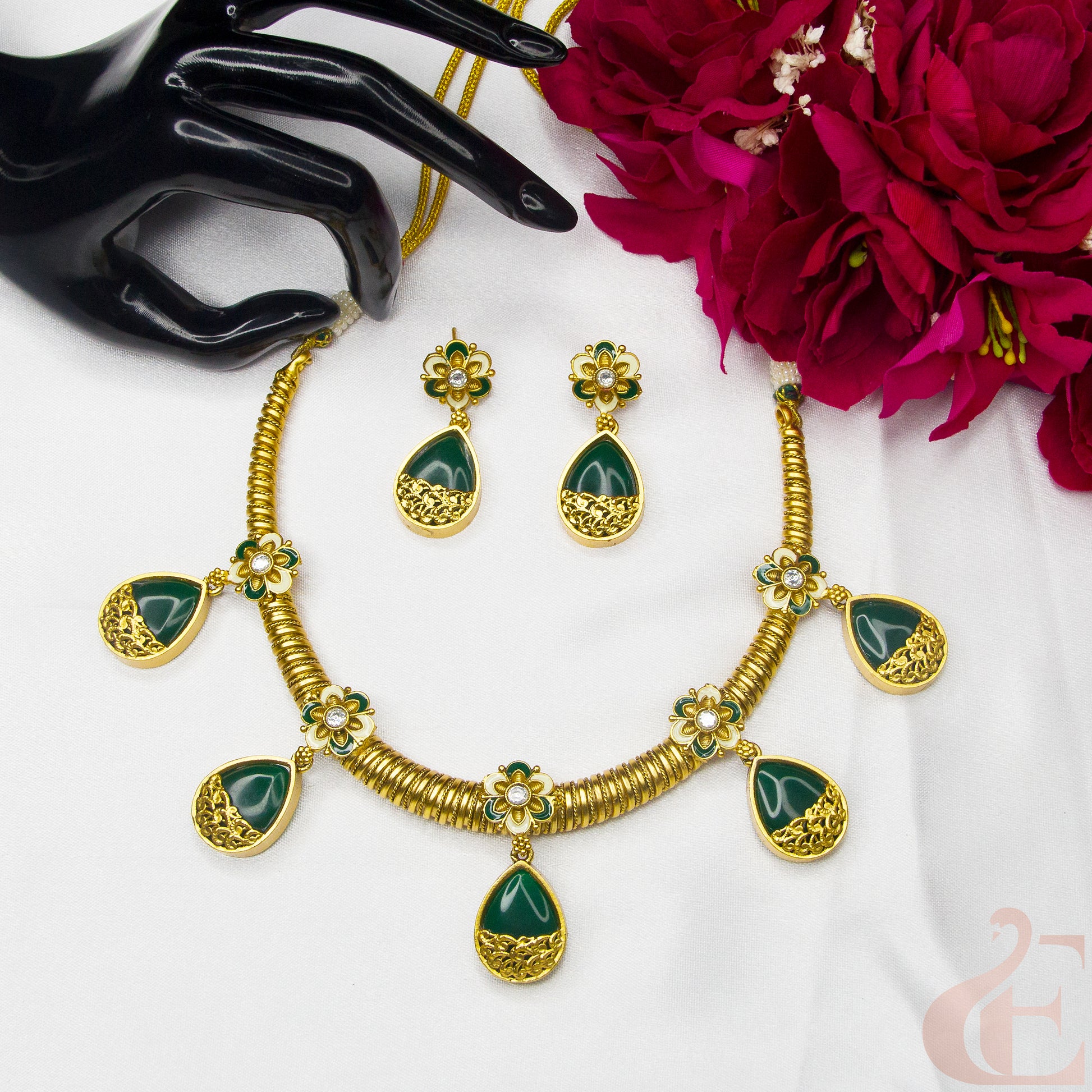 Top view of Elegant Antique Necklace & Earrings , Green stones 