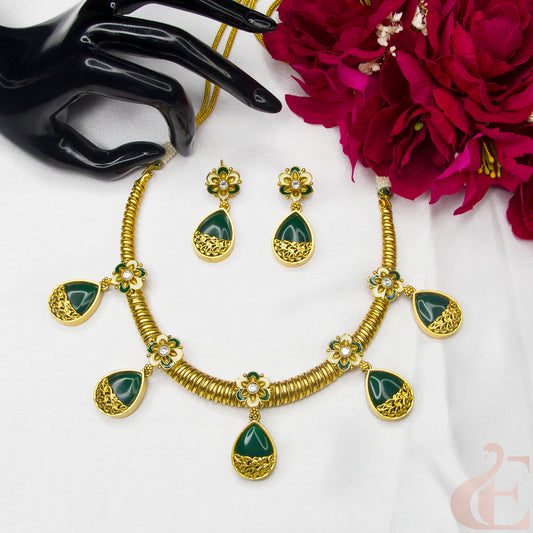 Top view of Elegant Antique Necklace & Earrings , Green stones 