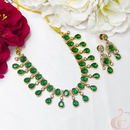 Top view of Elegant Design AD Necklace Set Green stones 